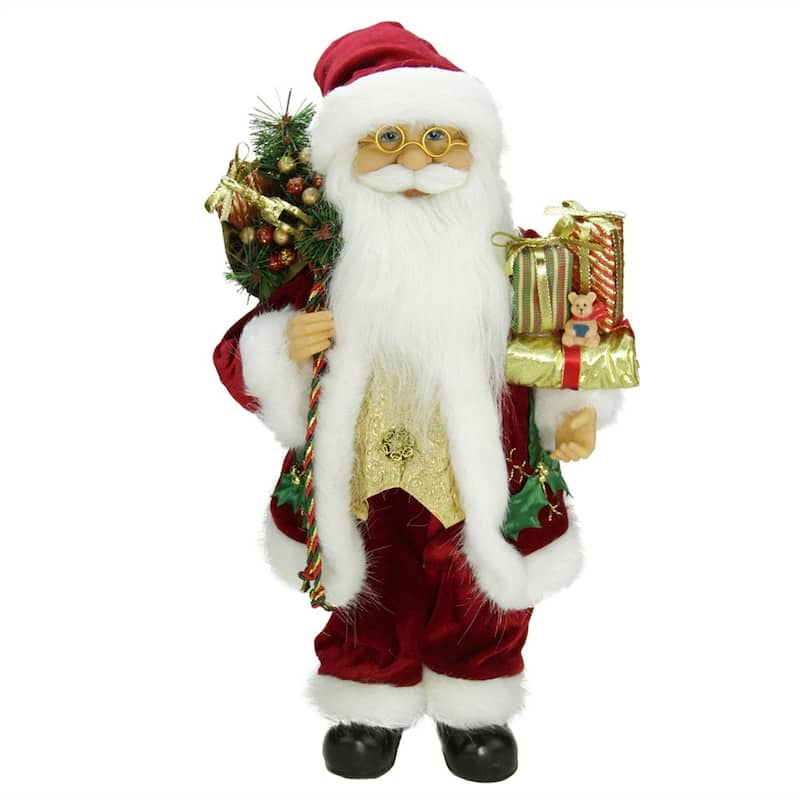 16" Red and White Traditional Holly Berry Standing Santa Claus Christmas Figure with Gift Bag.