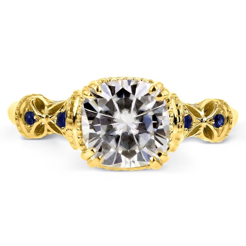 Annello by Kobelli 14k Yellow Gold 1-3/4ct TGW Antique Cushion-cut Moissanite Engagement Ring with Blue Sapphire