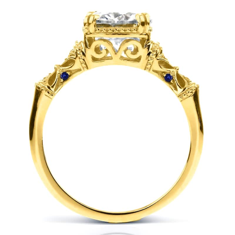 Annello by Kobelli 14k Yellow Gold 1-3/4ct TGW Antique Cushion-cut Moissanite Engagement Ring with Blue Sapphire