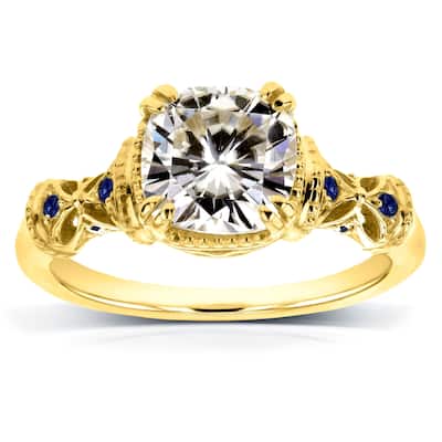 Annello by Kobelli 14k Yellow Gold 1-3/4ct TGW Antique Cushion-cut Moissanite Engagement Ring with Blue Sapphire