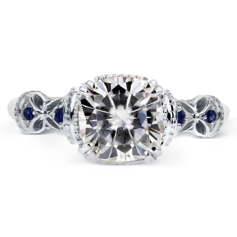 Annello by Kobelli 14k White Gold 1-3/4ct TGW Antique Cushion-cut Moissanite Engagement Ring with Blue Sapphire
