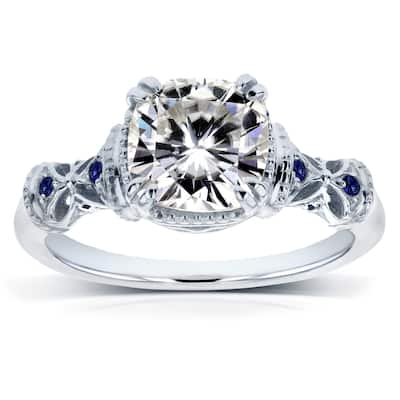Annello by Kobelli 14k White Gold 1-3/4ct TGW Antique Cushion-cut Moissanite Engagement Ring with Blue Sapphire