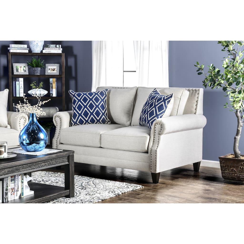 Deri Transitional Linen Fabric Nailhead Loveseat by Furniture of America