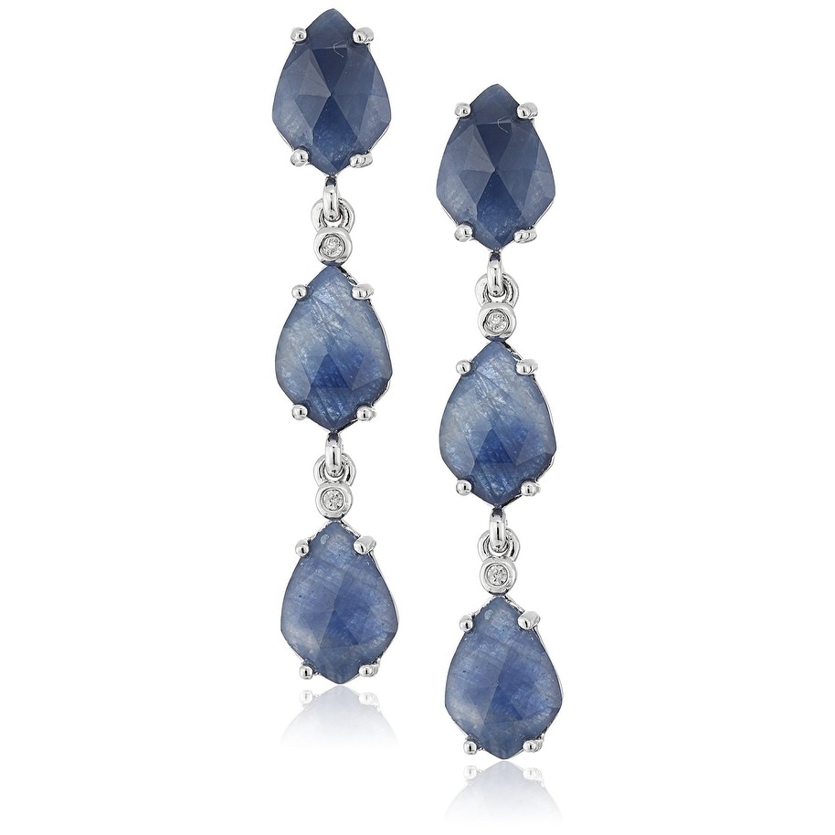 Pinctore Sterling Silver Blue Sapphire & White Zircon Dangle Earrings