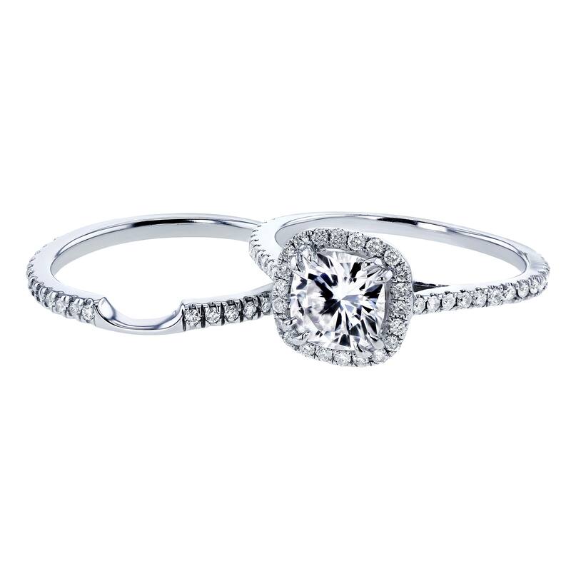 Annello by Kobelli 14k White Gold 1-1/2ct TGW Cushion Colorless (D-E-F) Moissanite and Diamond Halo Bridal Set
