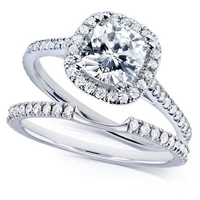 Annello by Kobelli 14k White Gold 1-1/2ct TGW Cushion Colorless (D-E-F) Moissanite and Diamond Halo Bridal Set