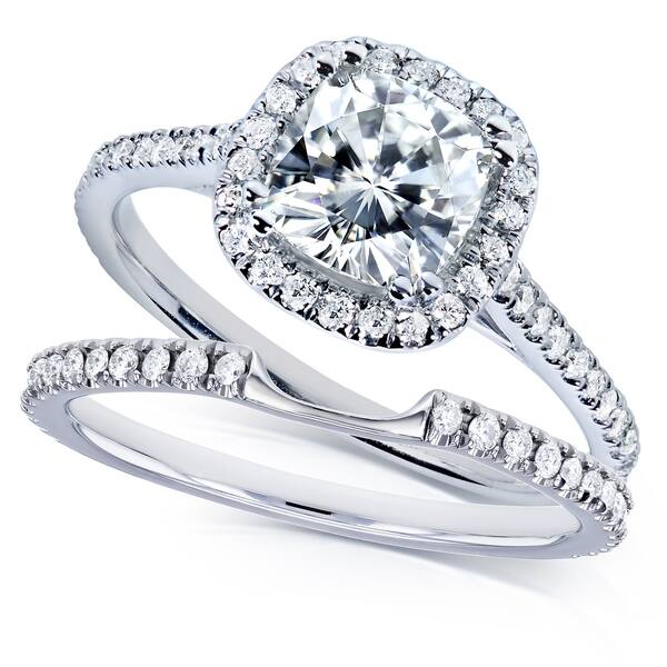 slide 1 of 8, Annello by Kobelli 14k White Gold 1-1/2ct TGW Cushion Colorless (D-E-F) Moissanite and Diamond Halo Bridal Set