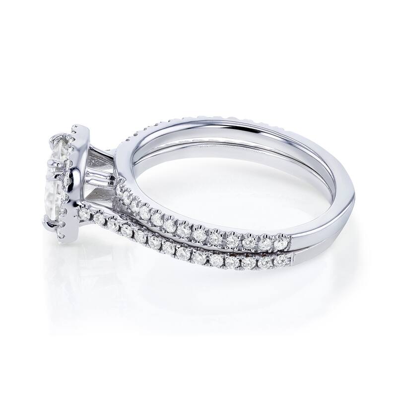 Annello by Kobelli 14k White Gold 1-1/2ct TGW Cushion Colorless (D-E-F) Moissanite and Diamond Halo Bridal Set