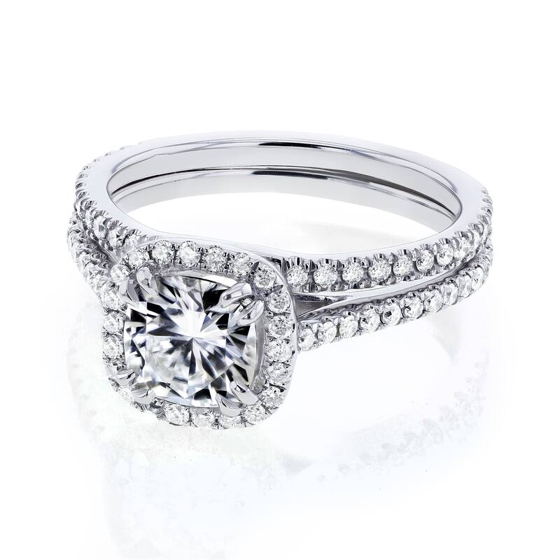 Annello by Kobelli 14k White Gold 1-1/2ct TGW Cushion Colorless (D-E-F) Moissanite and Diamond Halo Bridal Set