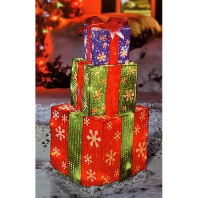 24" Stacked Holographic Snowflake Present Lighted Christmas Yard Art Decoration
