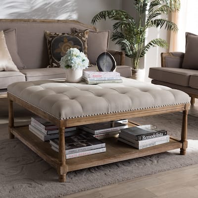 Baxton Studio French Country Beige Linen Square Ottoman