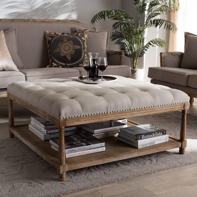 Baxton Studio French Country Beige Linen Square Ottoman