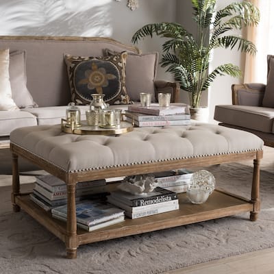 French Country Beige Linen Rectangular Ottoman by Baxton Studio