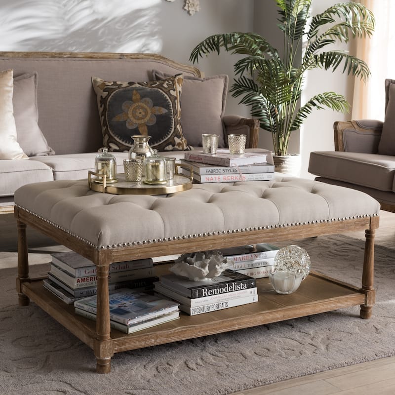French Country Beige Linen Rectangular Ottoman by Baxton Studio
