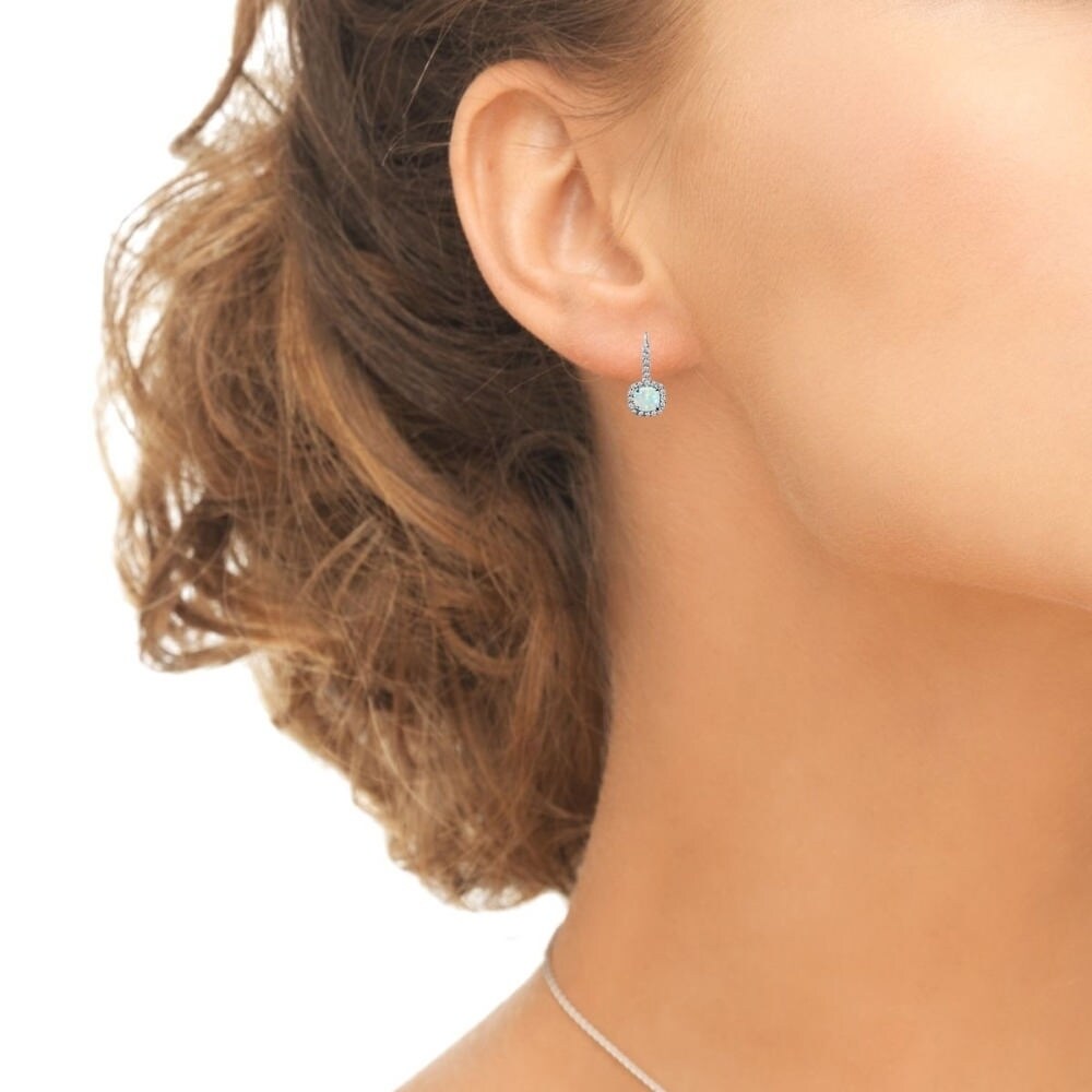 Glitzy Rocks Sterling Silver Created White Opal & White Topaz Cushion-cut  Leverback Earrings