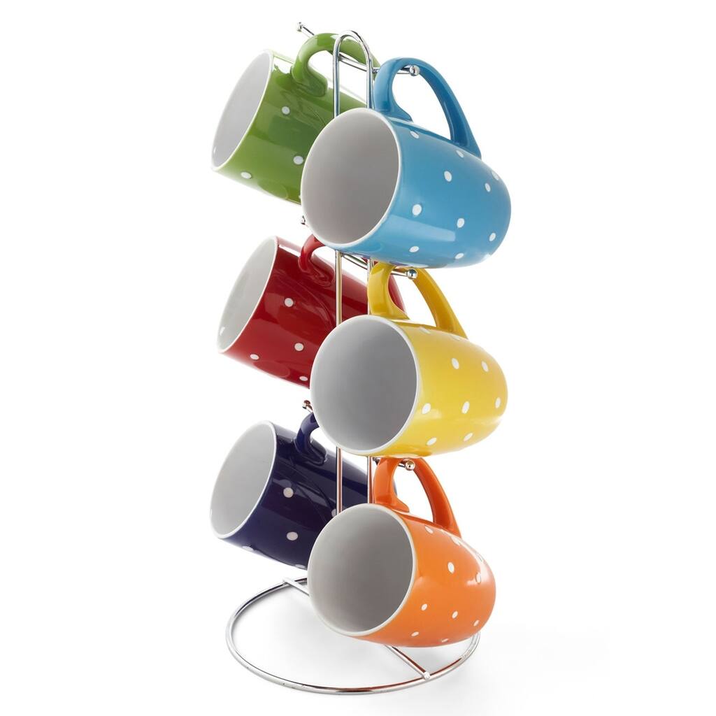 Sweet Home Collection 6 Piece Polka Dot Mug Set with Stand (11oz) (15" high)