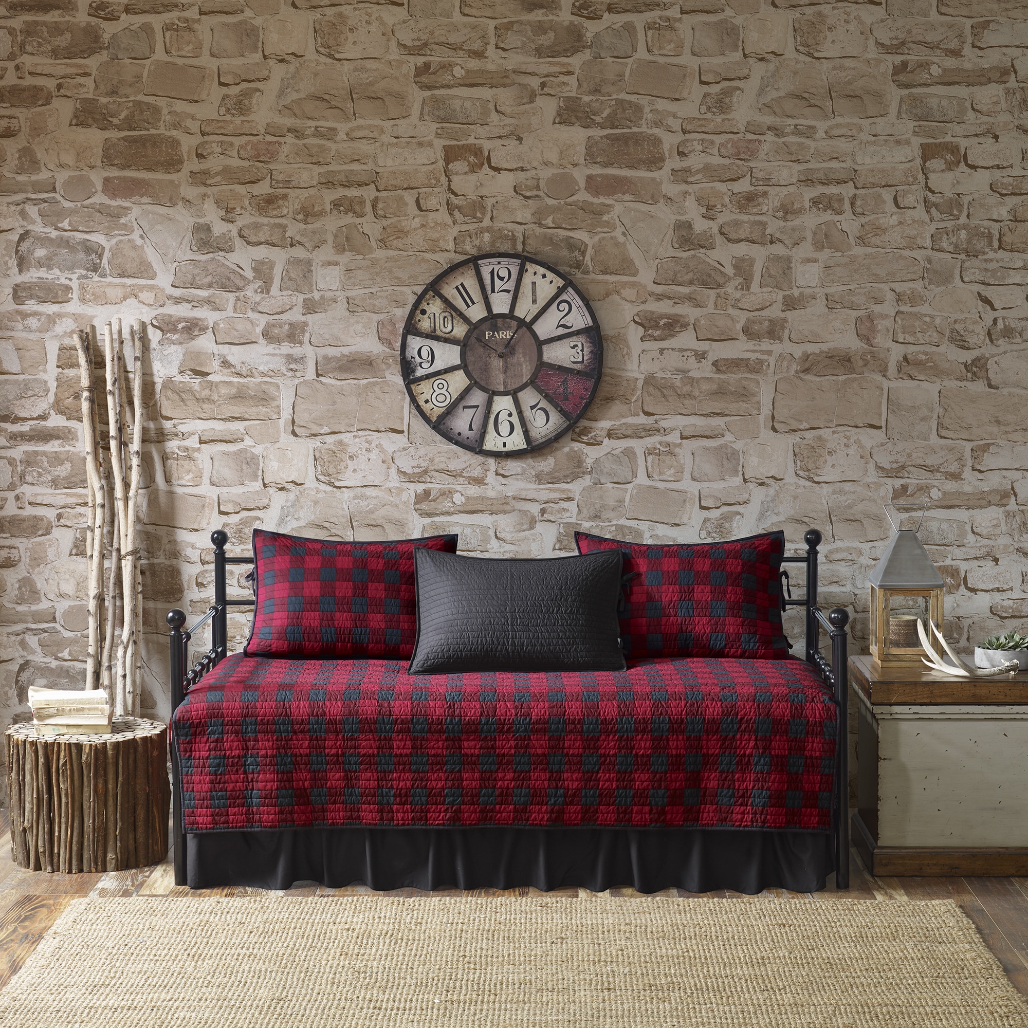 Deluxe 100% Cotton Red Mixed Checker Plaids Guest Daybed Cover Bedskirt 5pcs Set 