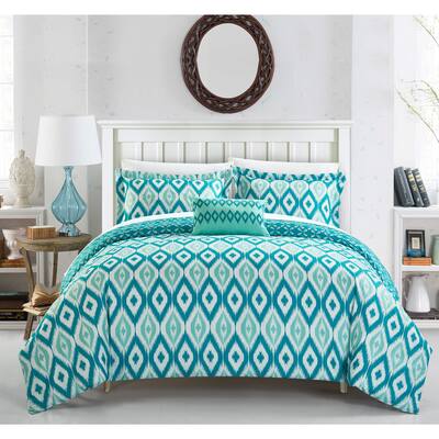 Chic Home Gabi 8-Piece Reversible Aqua Ikat Duvet Cover and Sheet Set