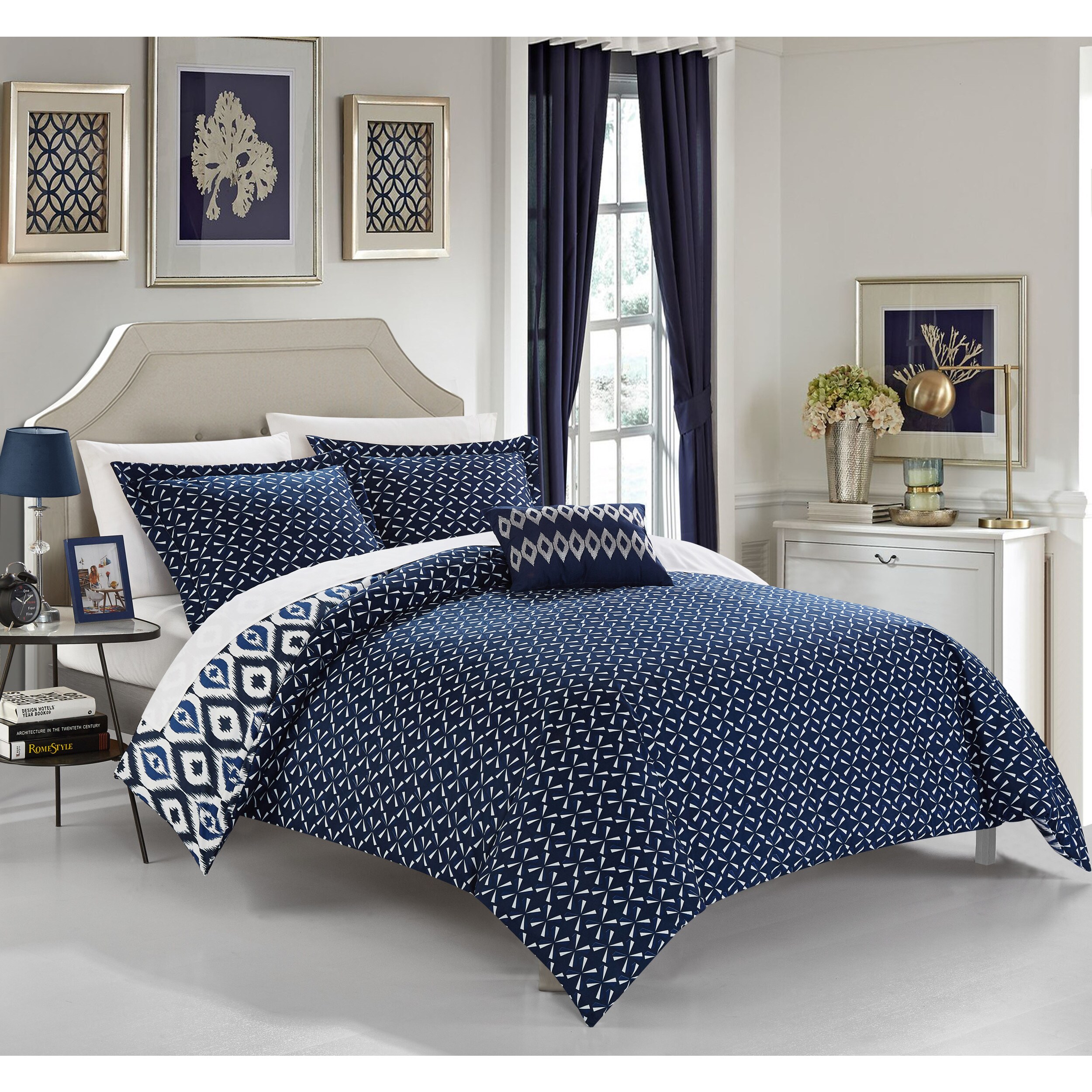 Shop Chic Home Gabi 8 Piece Reversible Navy Ikat Duvet Cover And