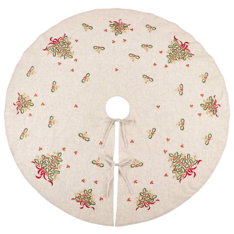 Embroidered Holly Design Decorative Linen Blend Christmas Tree Skirt