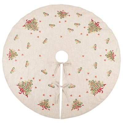 Embroidered Holly Design Decorative Linen Blend Christmas Tree Skirt