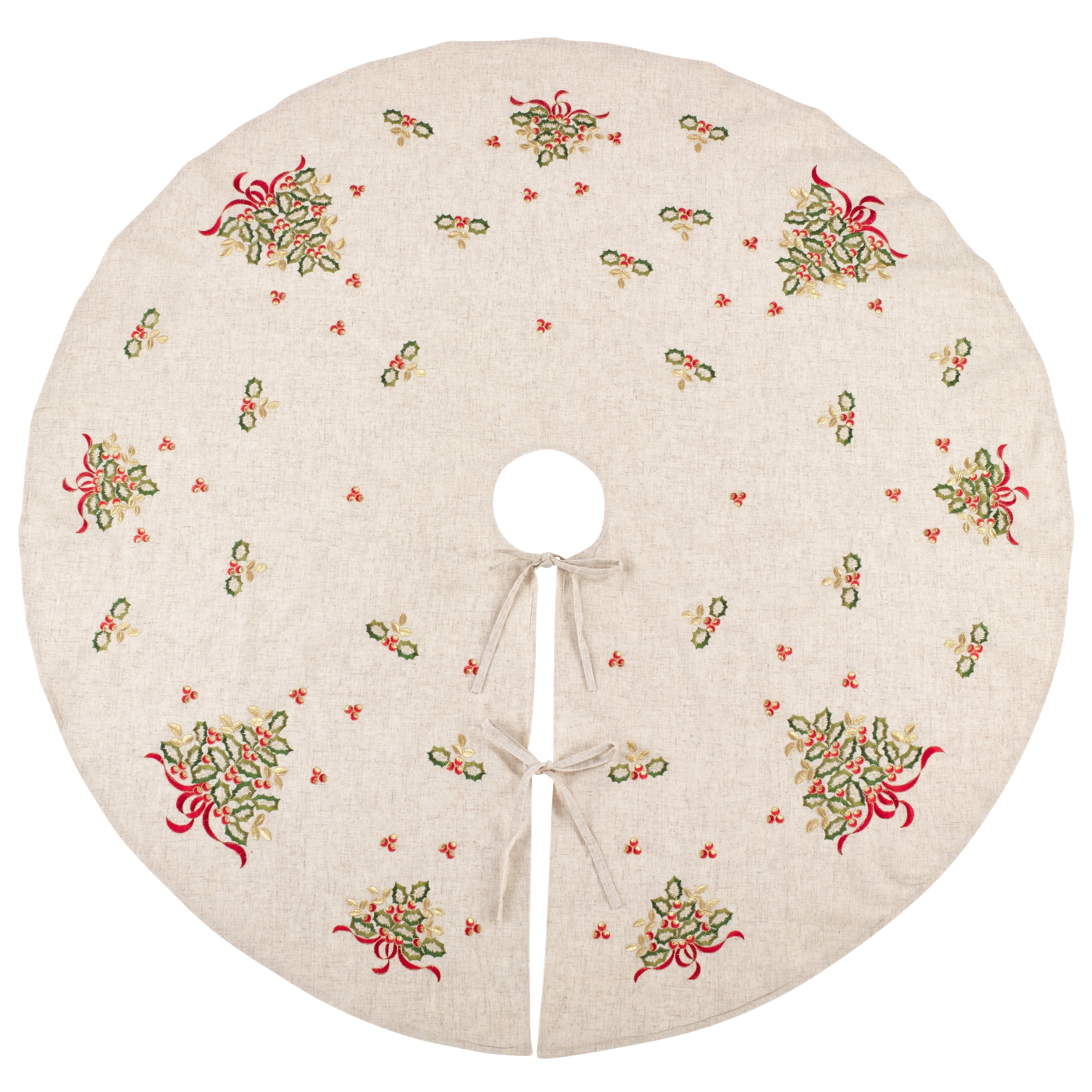Embroidered Holly Design Decorative Linen Blend Christmas Tree Skirt