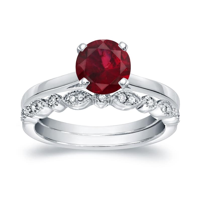 Auriya Vintage Stackable 7/8ct Red Ruby Solitaire and 1/6ctw Diamond Engagement Ring Set 14k Gold