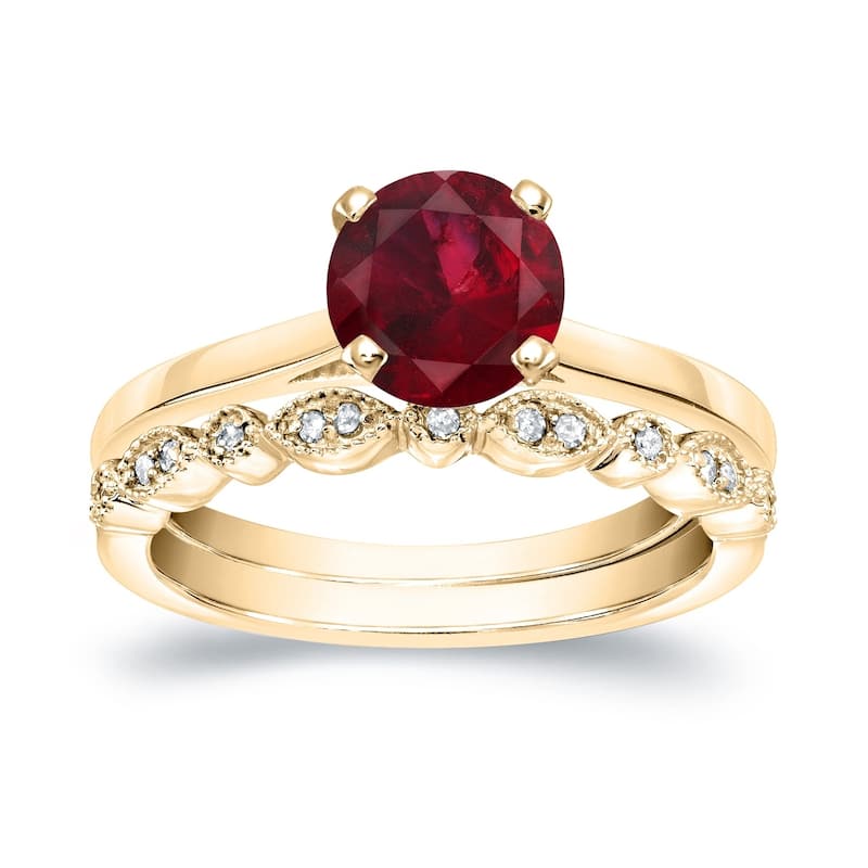 Auriya 14k Gold 3/4ctw Vintage Solitaire Ruby Engagement Ring Set 1/6ctw - Yellow - 6.5