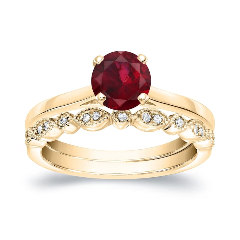 Auriya Vintage Stackable 3/5ct Red Ruby Solitaire and 1/6ctw Diamond Engagement Ring Set 14k Gold