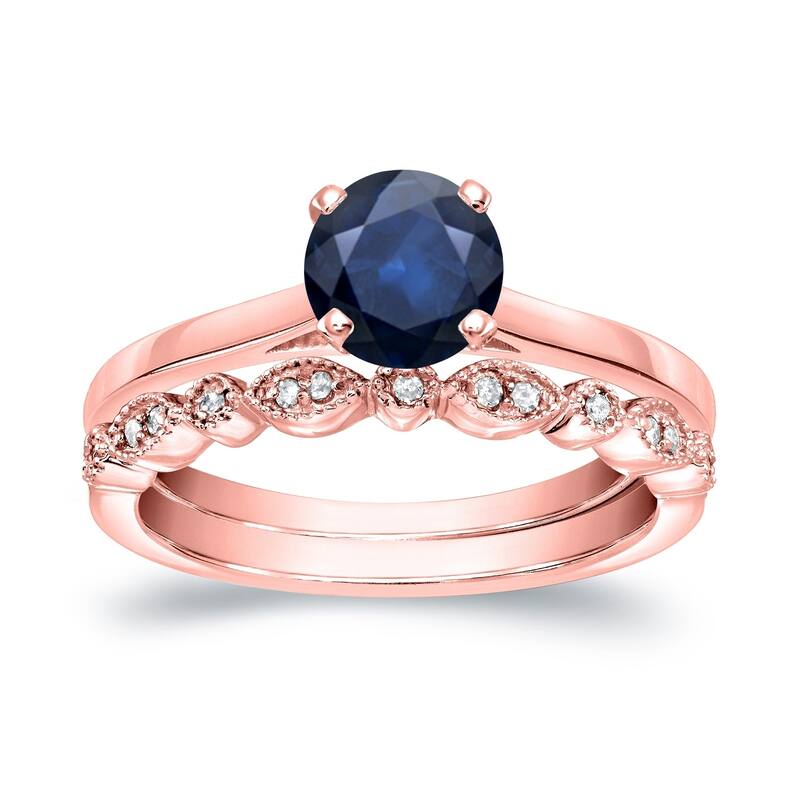 Auriya Vintage Stackable 3/5ct Sapphire Solitaire and 1/6ctw Diamond Engagement Ring Set 14k Gold