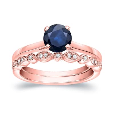 Auriya Vintage Stackable 3/5ct Sapphire Solitaire and 1/6ctw Diamond Engagement Ring Set 14k Gold