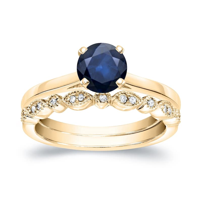 Auriya Vintage Stackable 3/5ct Sapphire Solitaire and 1/6ctw Diamond Engagement Ring Set 14k Gold