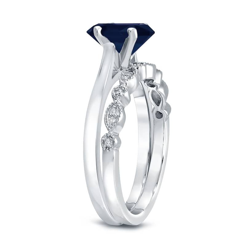 Auriya Vintage Stackable 3/5ct Sapphire Solitaire and 1/6ctw Diamond Engagement Ring Set 14k Gold