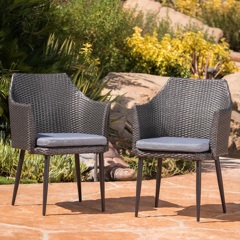 Nyla Outdoor 5-Piece Round Wicker Light Weight Concrete Dining Set with Cushions by Christopher Knight Home