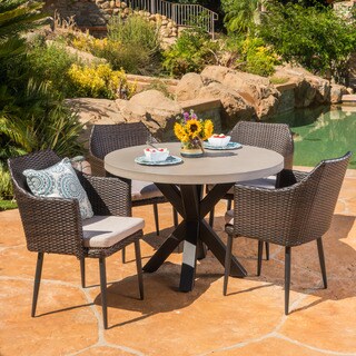 Nyla Outdoor 5-Piece Round Wicker Light Weight Concrete Dining Set with Cushions by Christopher Knight Home