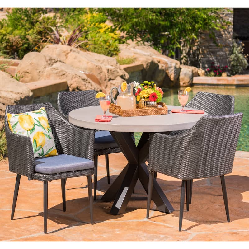 Nyla Outdoor 5-Piece Round Wicker Light Weight Concrete Dining Set with Cushions by Christopher Knight Home - Grey