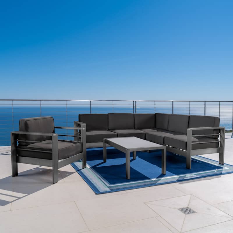 Cape Coral Outdoor Aluminum Tempered Glass 5-piece V-Shape Sectional Sofa Set with Cushions by Christopher Knight Home