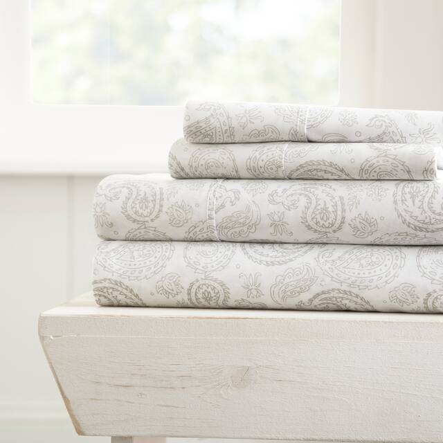 Soft Essentials Coarse Paisley Pattern 4 Piece Deep Pocket Bed Sheet Set - King - Grey/White