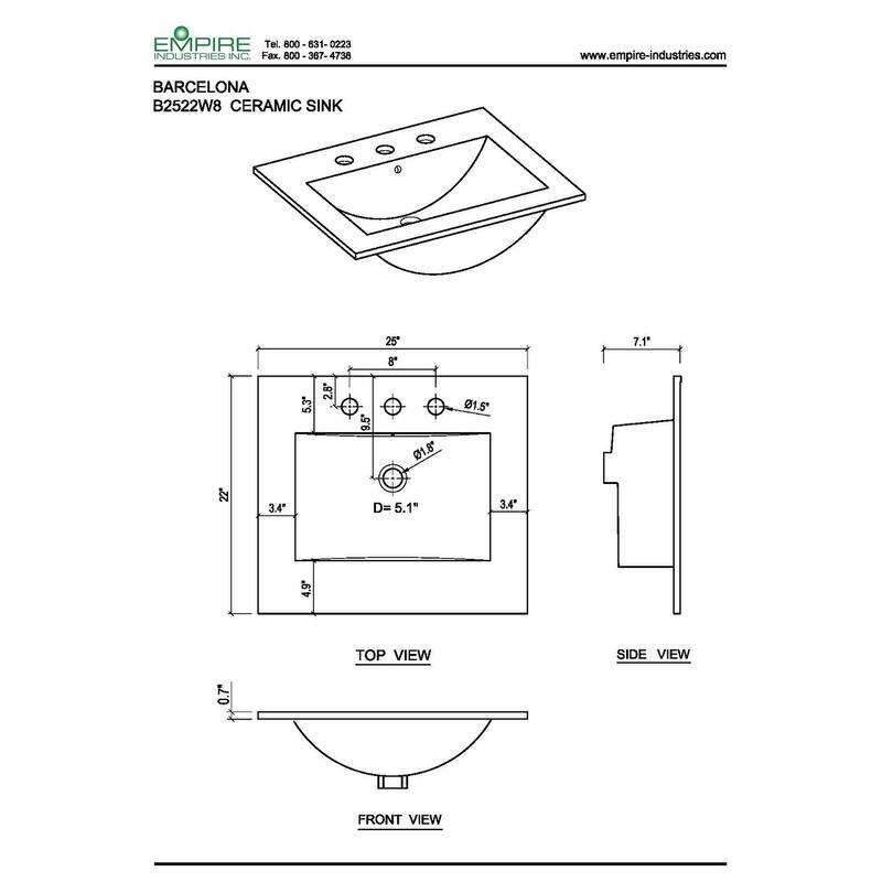 Unique 25" W x 22" L Virtuous China Vanity Top in White