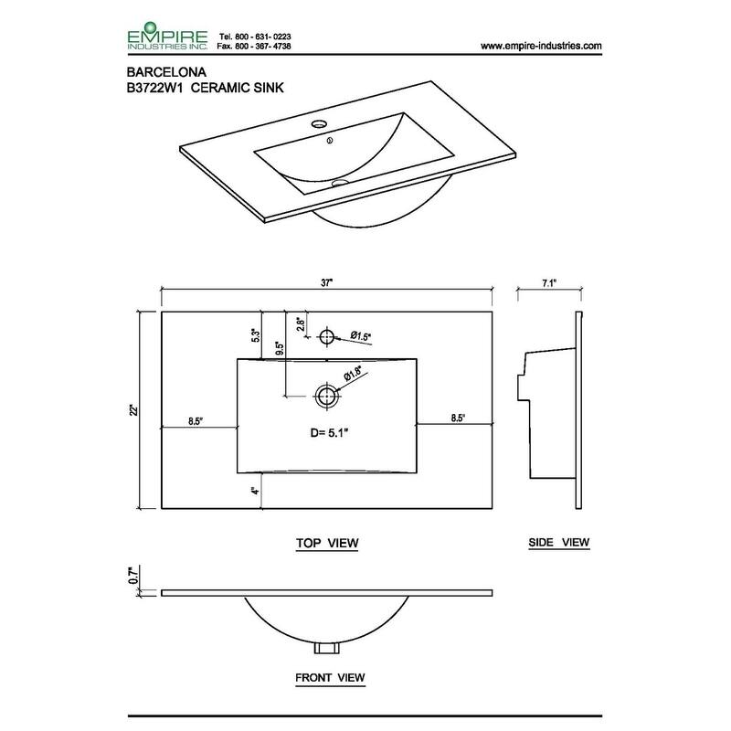 Unique 37" W x 22" L Virtuous China Vanity Top in White