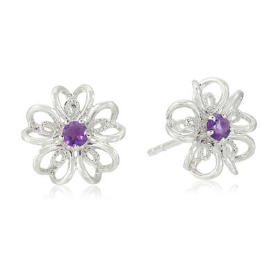 Pinctore Sterling Silver Amethyst flower Stud Earrings