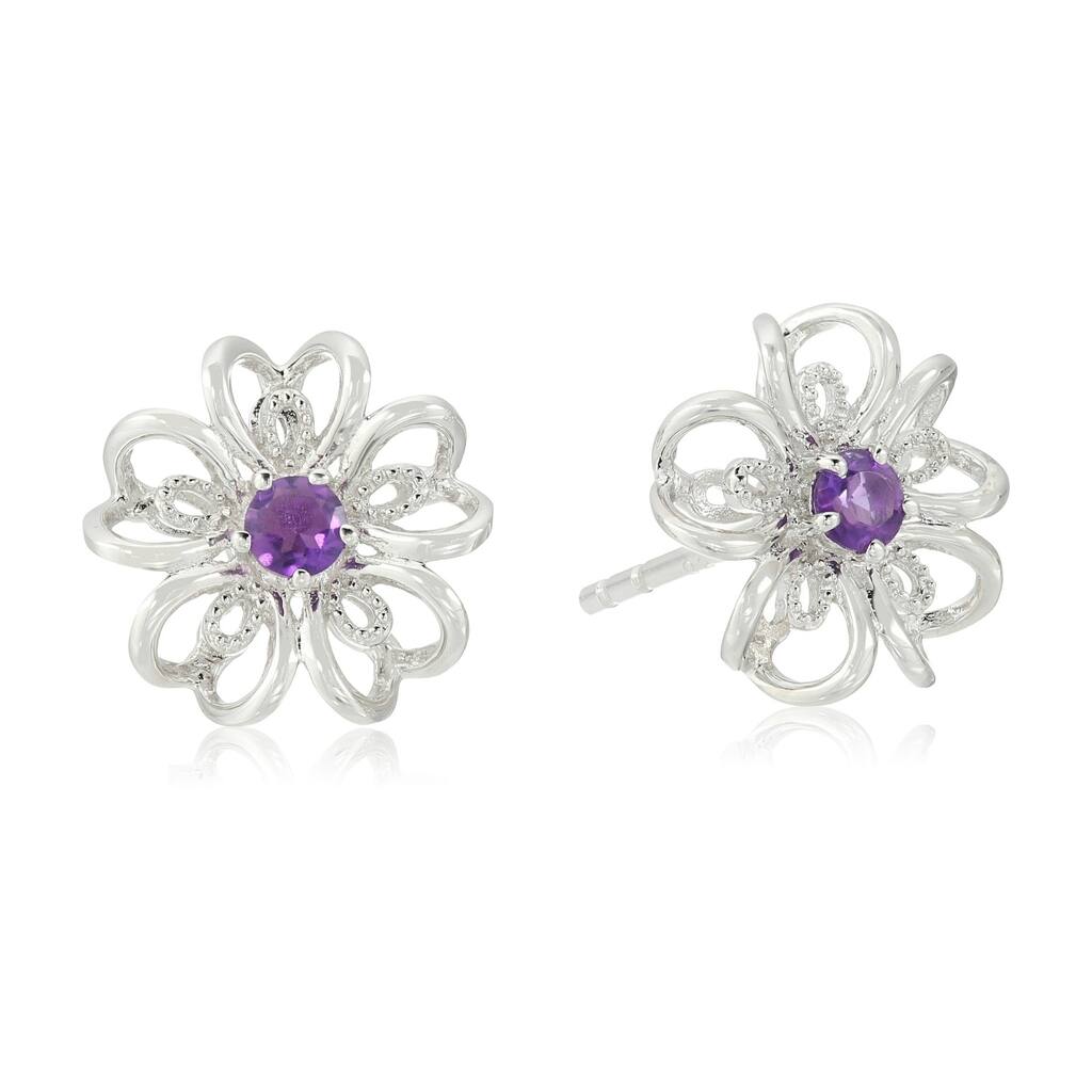 Pinctore Sterling Silver Amethyst flower Stud Earrings