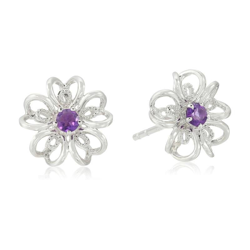 Pinctore Sterling Silver Amethyst flower Stud Earrings