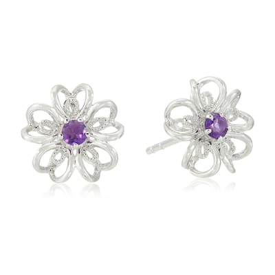 Pinctore Sterling Silver Amethyst flower Stud Earrings
