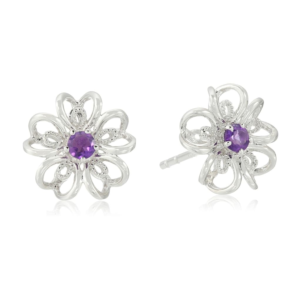 Pinctore Sterling Silver Amethyst flower Stud Earrings