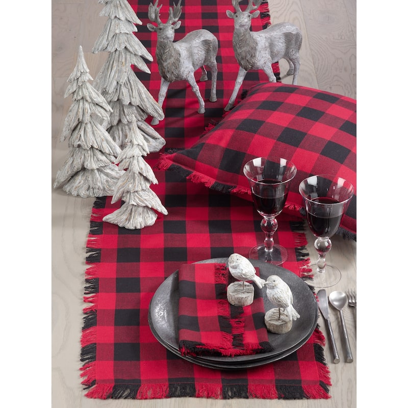 Cotton Runner With Buffalo Plaid And Fringe Design