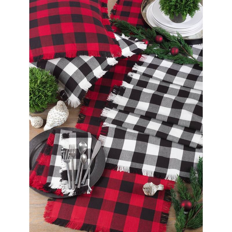 Cotton Runner With Buffalo Plaid And Fringe Design
