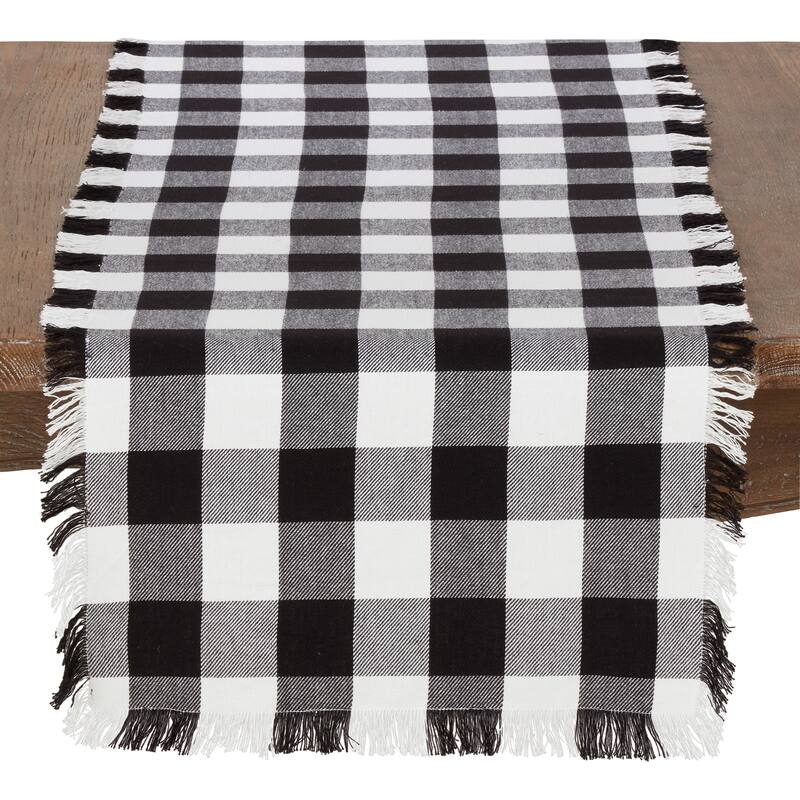 Cotton Runner With Buffalo Plaid And Fringe Design - Black