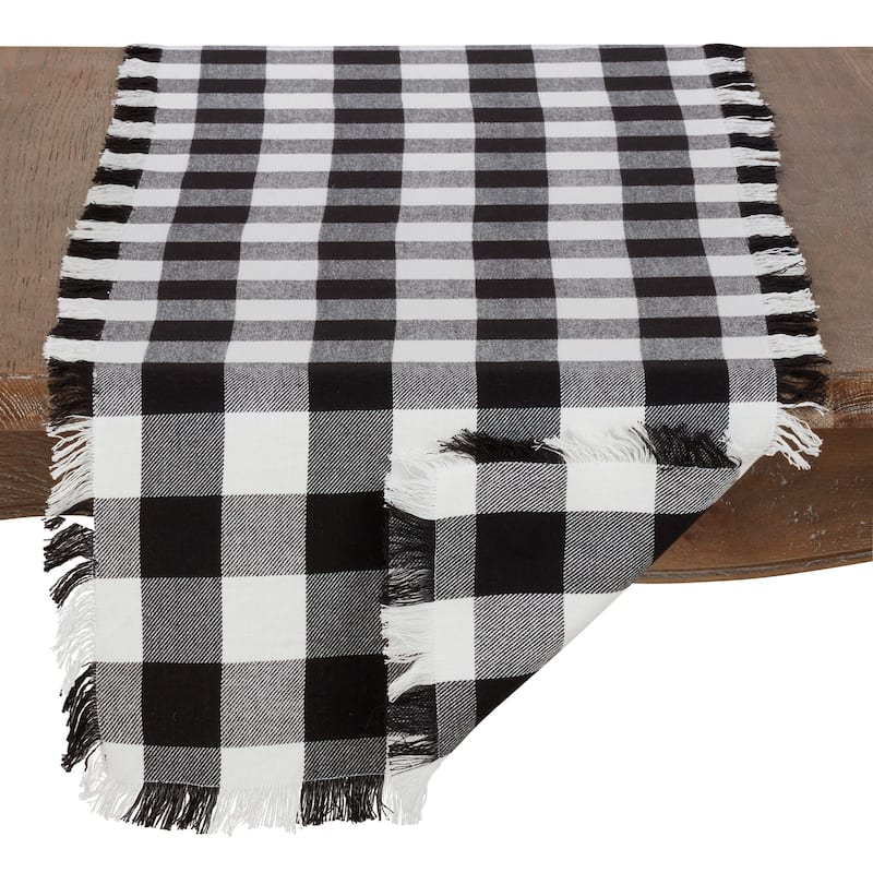 Cotton Runner With Buffalo Plaid And Fringe Design