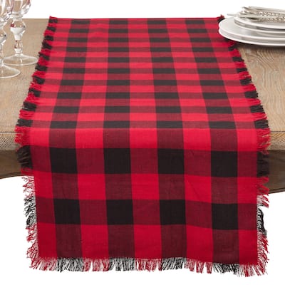 Cotton Runner With Buffalo Plaid And Fringe Design